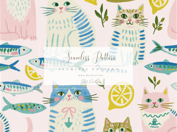 Download Cute Pastel Cat Seamless Pattern with Fish and Lemons - Sea Collection