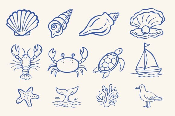 Download Hand Drawn Sea Life Doodle Set Design - Sea Collection
